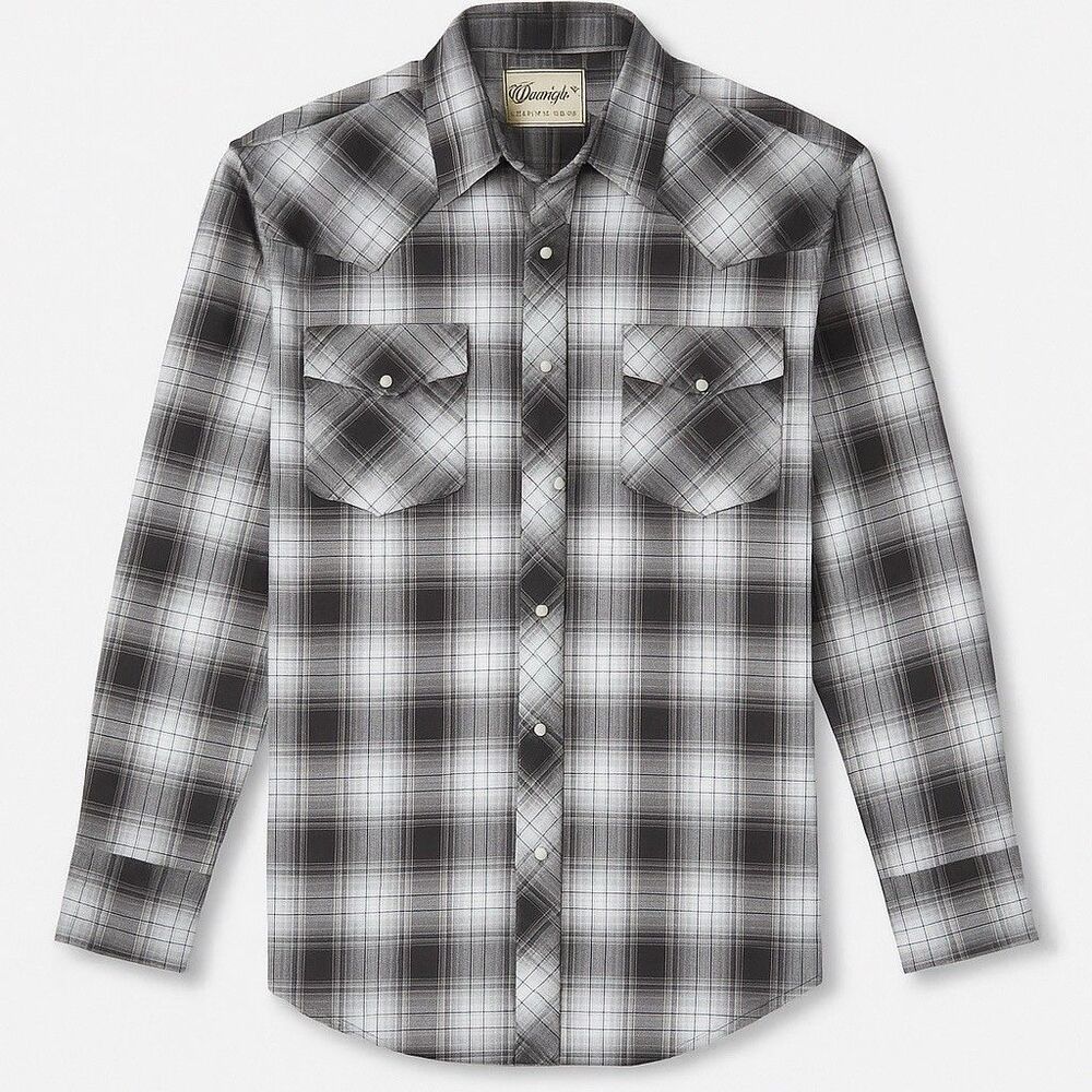 Wrangler Western Snap Shirt Black Gray Plaid Pearl Buttons Men’s Large